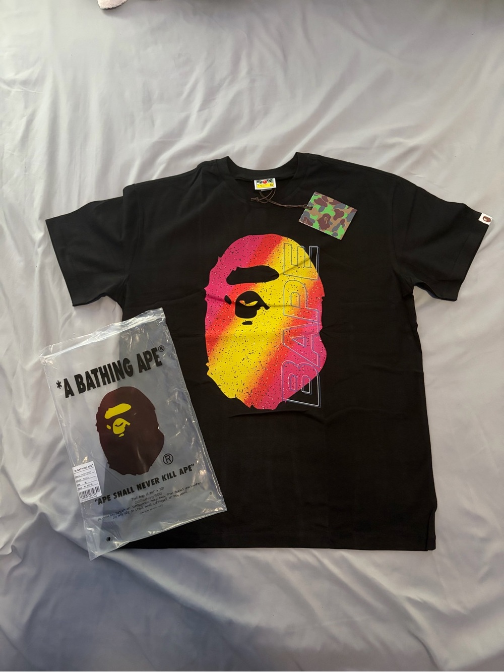 Bape Short Sleeve Tee in Black with Pink-Yellow Gradient Ape Head